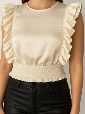 Designers Remix Ivory Satin Ruffle Smock Top Size 12